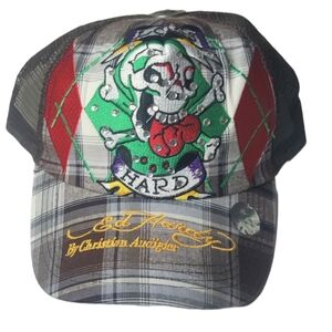 Ed Hardy Multicolor Plaid Cap with Skull Art